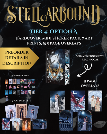 Tier 4 (PREORDER): Hardcover, 25 mini stickers, 7 art prints, and 5 page overlays