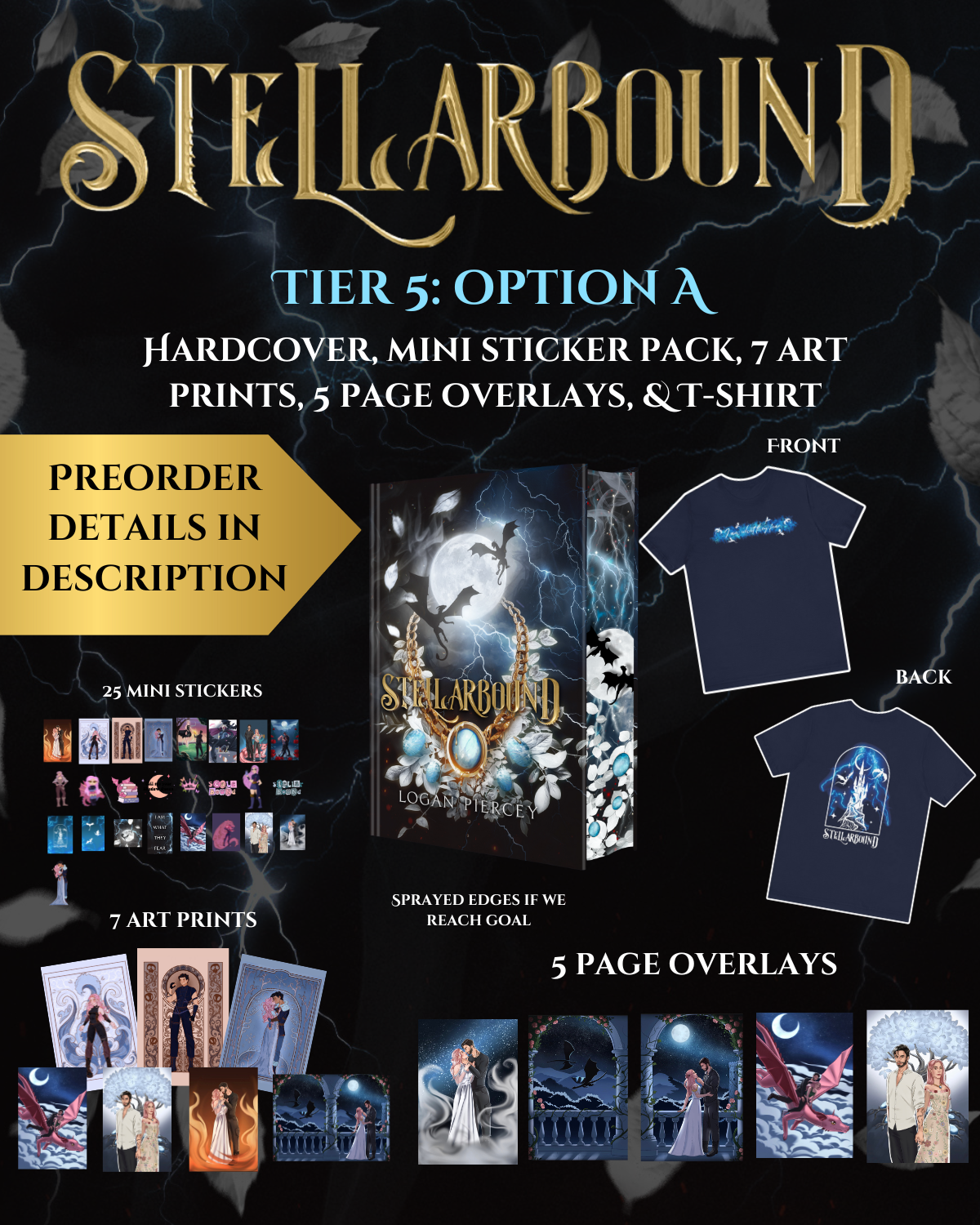 Tier 5 (PREORDER): Stellarbound, 25 Mini Stickers, 7 Art Prints, 5 Page Overlays, & T-Shirt