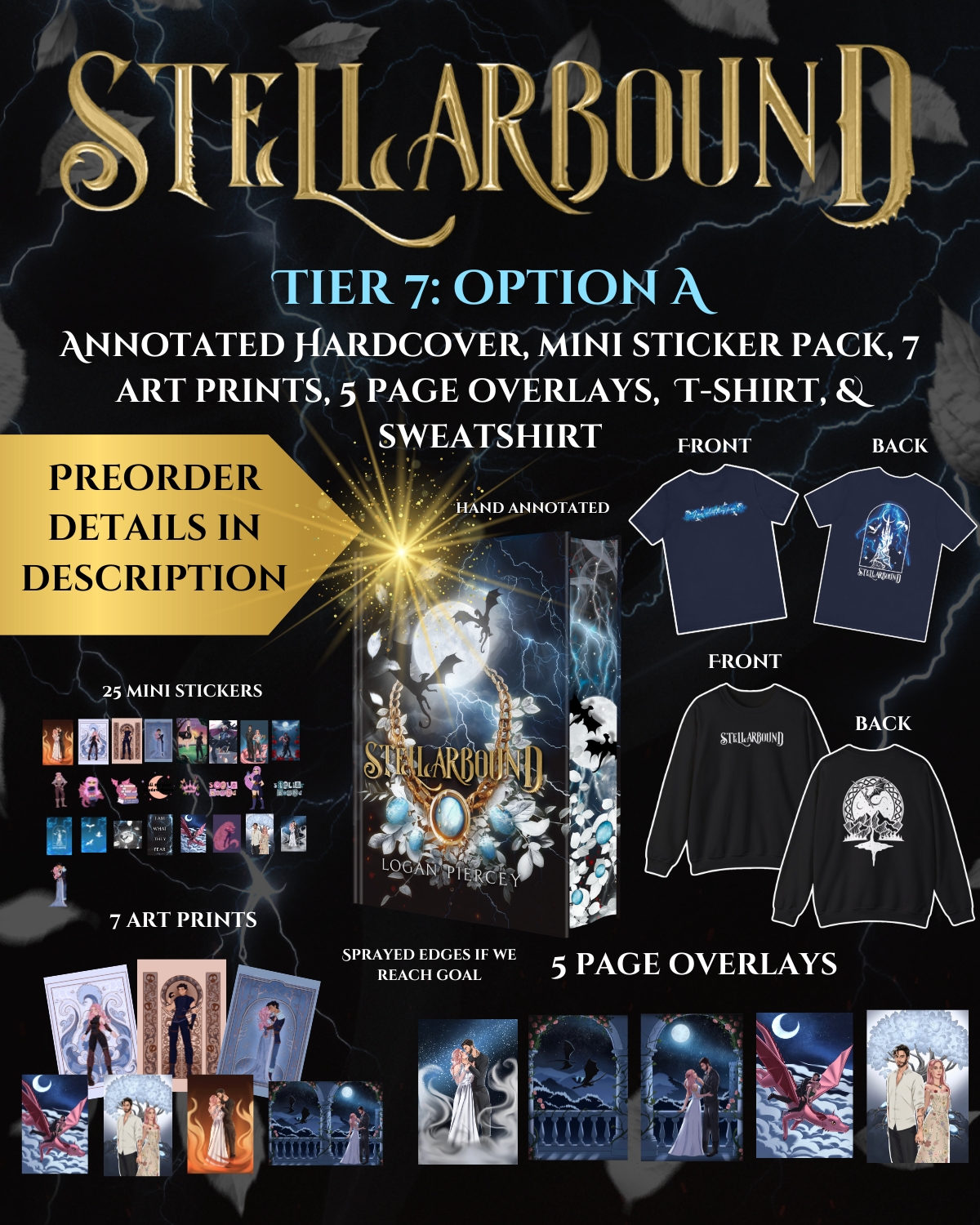 Tier 7 (PREORDER): ANNOTATED Stellarbound, 25 mini stickers, 7 Art Prints, 5 Page Overlays, T-Shirt, & Sweatshirt