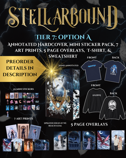 Tier 7 (PREORDER): ANNOTATED Stellarbound, 25 mini stickers, 7 Art Prints, 5 Page Overlays, T-Shirt, & Sweatshirt